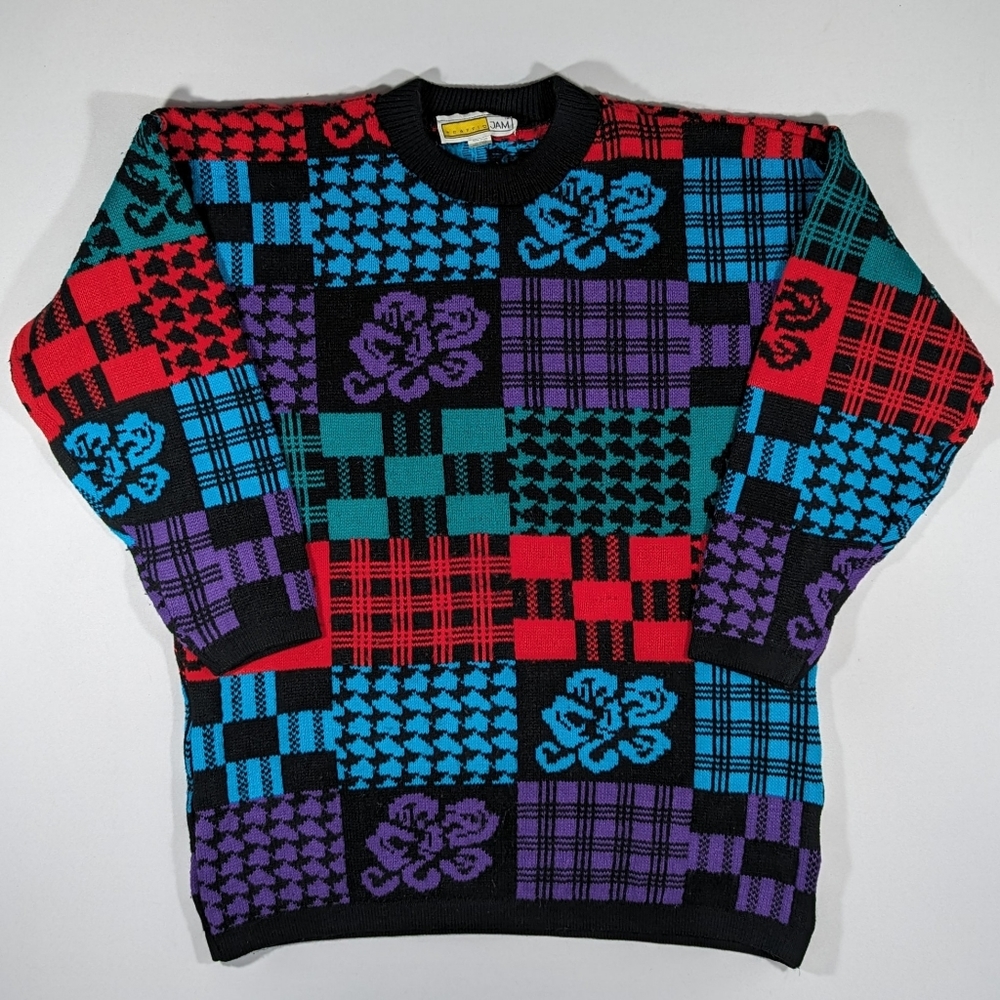 Vintage Traffic Jam Sweater Women's Size XL Acrylic Pullover Abstract 90s